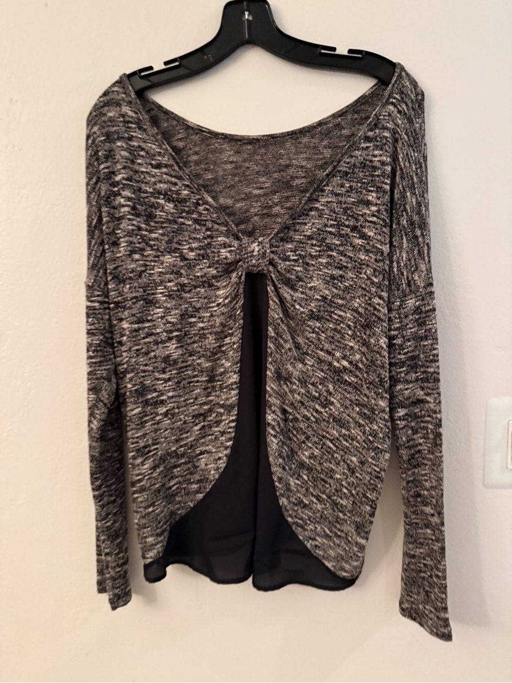 Blue Rain Marled Gray Knit Crewneck Sweater with Chiffon Back